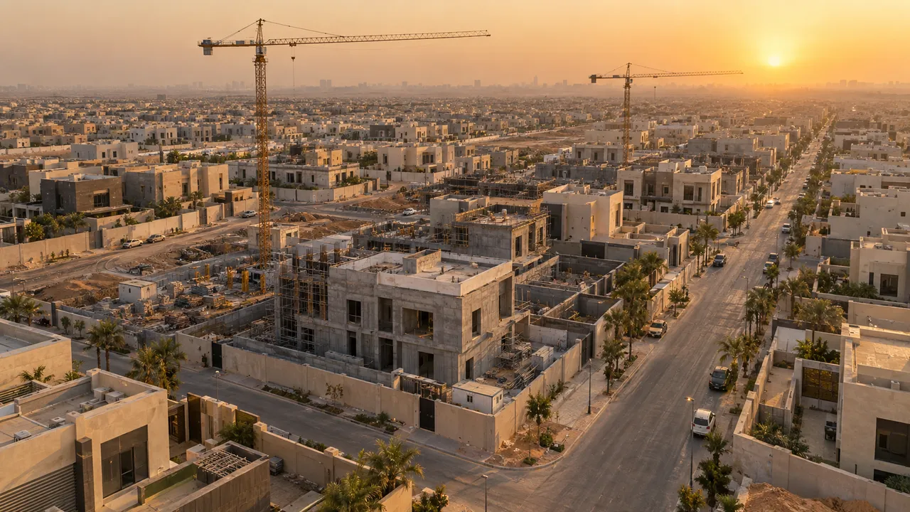 منظر جوي لحي سكني في شمال الرياض وقت الغروب مع رافعات ومشاريع قيد الإنشاء
