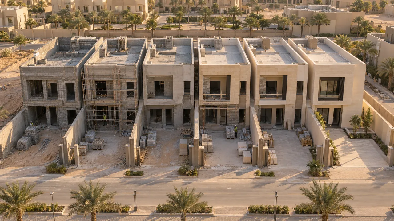 صف من الوحدات السكنية المتلاصقة قيد الإنشاء بمراحل مختلفة