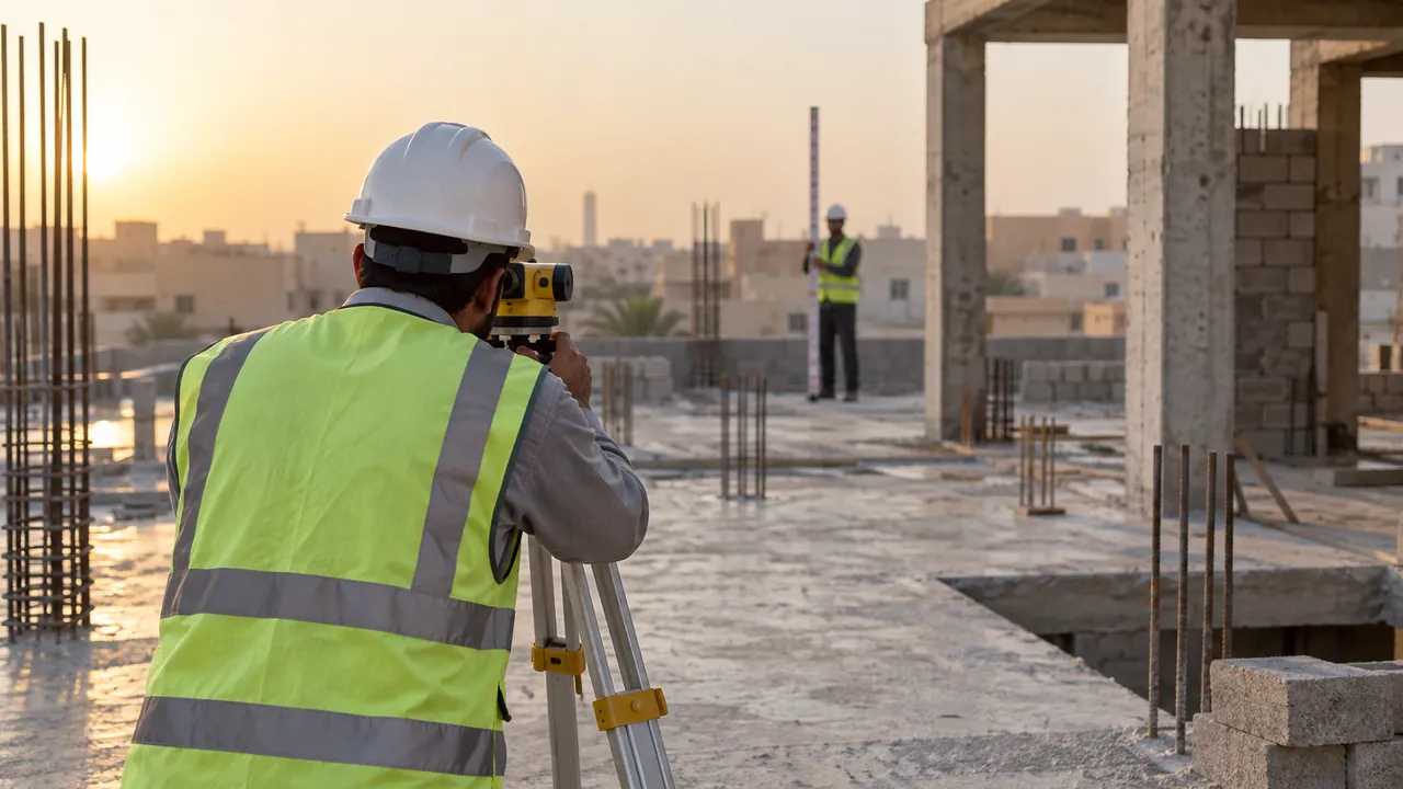 مهندس يفحص منسوب البلاطة بجهاز الليزر
