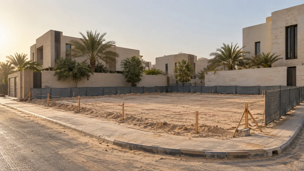 أرض سكنية مستوية في شمال الرياض عليها أوتاد المساحة وخيوط التحديد