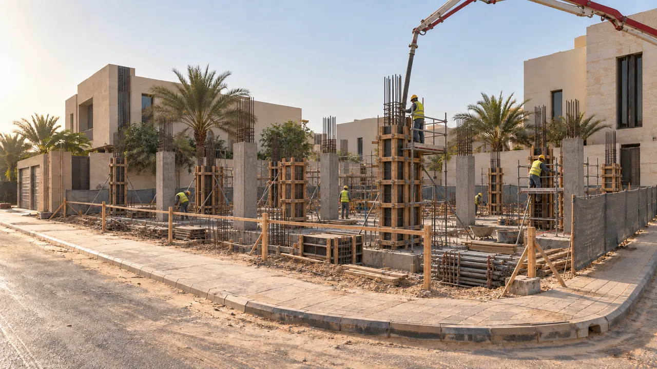 أعمدة الدور الأرضي مع أشاير الحديد والسقالات