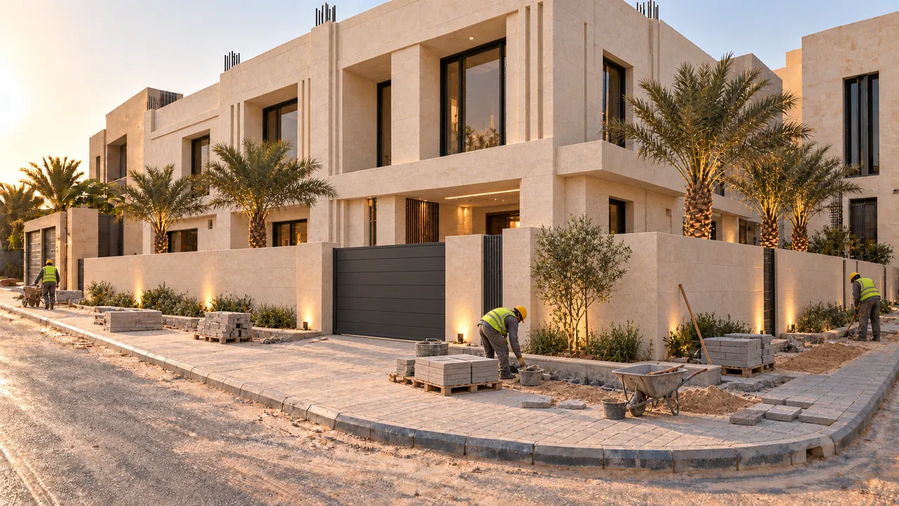 الواجهة مكتملة مع السور والبوابة وزراعة النخيل